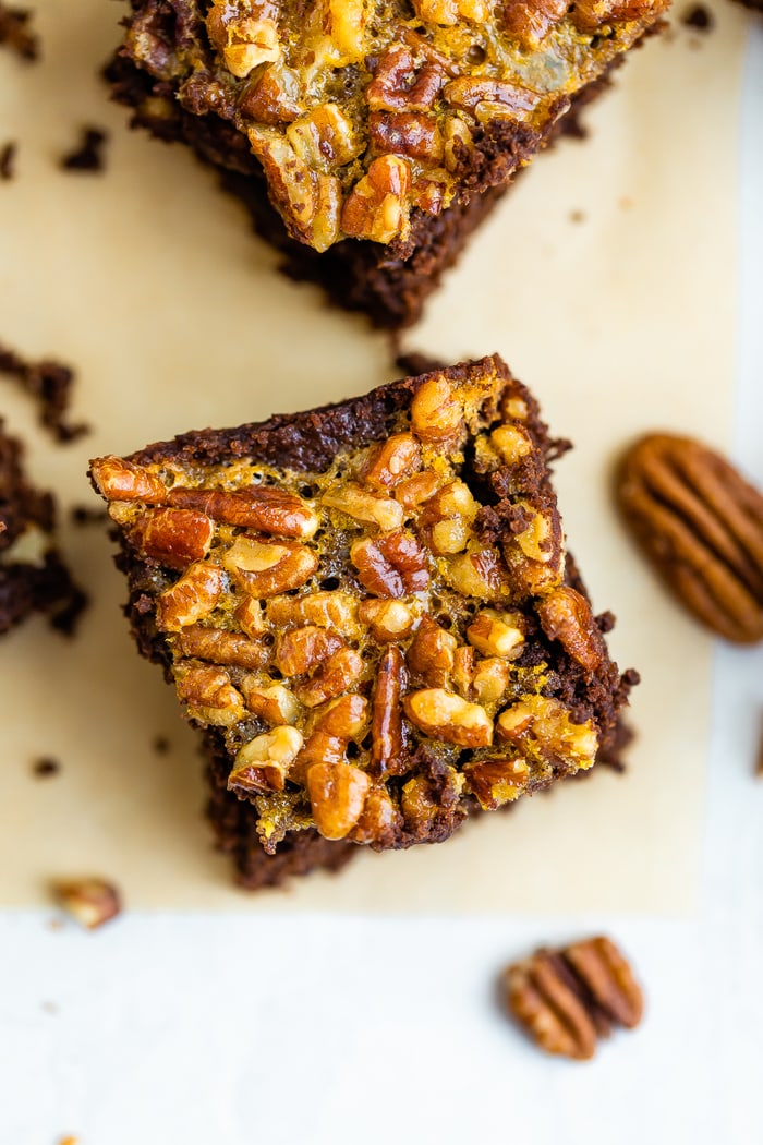Close up photo of a pecan pie brownie.