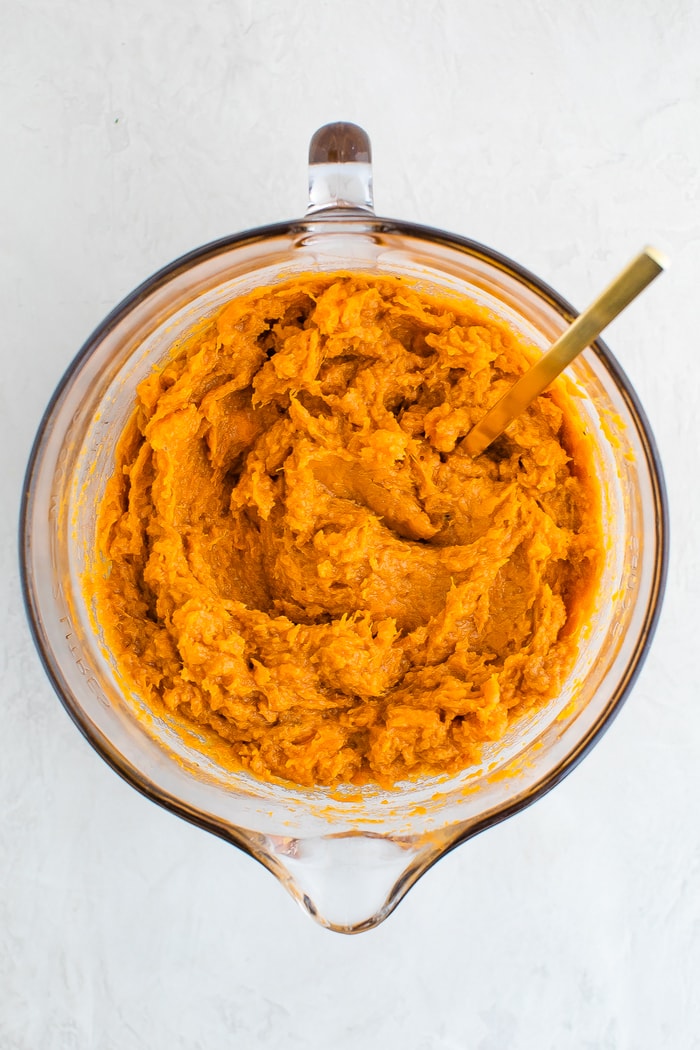 Mixing bowl with sweet potato mixture for sweet potato