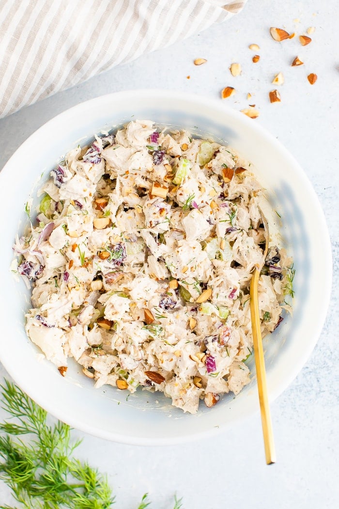 Bowl of creamy turkey salad with celery, cranberries and almonds.