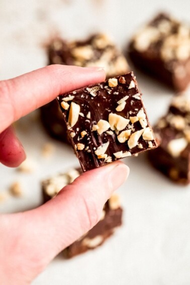 Hand holding a square of fudge topped with chopped peanuts.