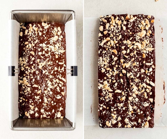 Side by side photos of peanut fudge in a bread tin and taken out of the tin in a rectangle.