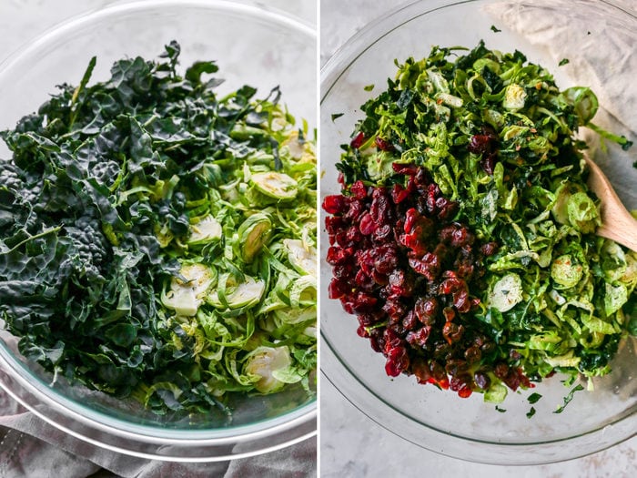 Side by side photos. One is of shredded kale and brussels in a bowl. The second has dried cranberries added to the bowl.