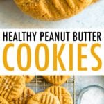 Photo of a peanut butter cookie with a bite taken out of it. Second photo is of cookies on a cooking rack.