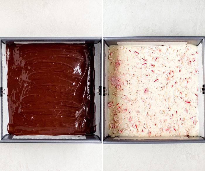Side by side photos of a square tin spread with dark chocolate, and side it a photo of it topped with white chocolate and crushed candy canes.