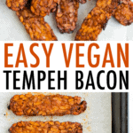 Tempeh bacon on a plate and on a sheet pan.