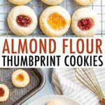 Photo of thumbprint cookies on a cooling rack and a photo of them on a plate.