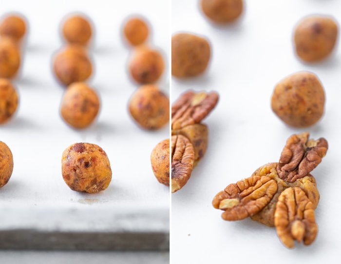 Side by side photos of the process to make pecan turtles. The first photo is of balls of date caramel and then a photo of three pecan pressed into the date caramel.