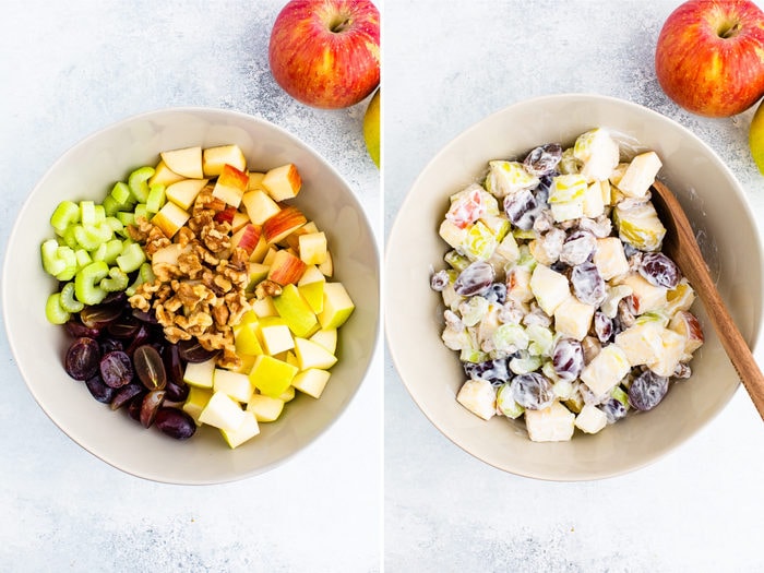 Side by side photos. First is of grapes, celery, walnuts and apples in a bowl The second is the ingredients mixed with yogurt.