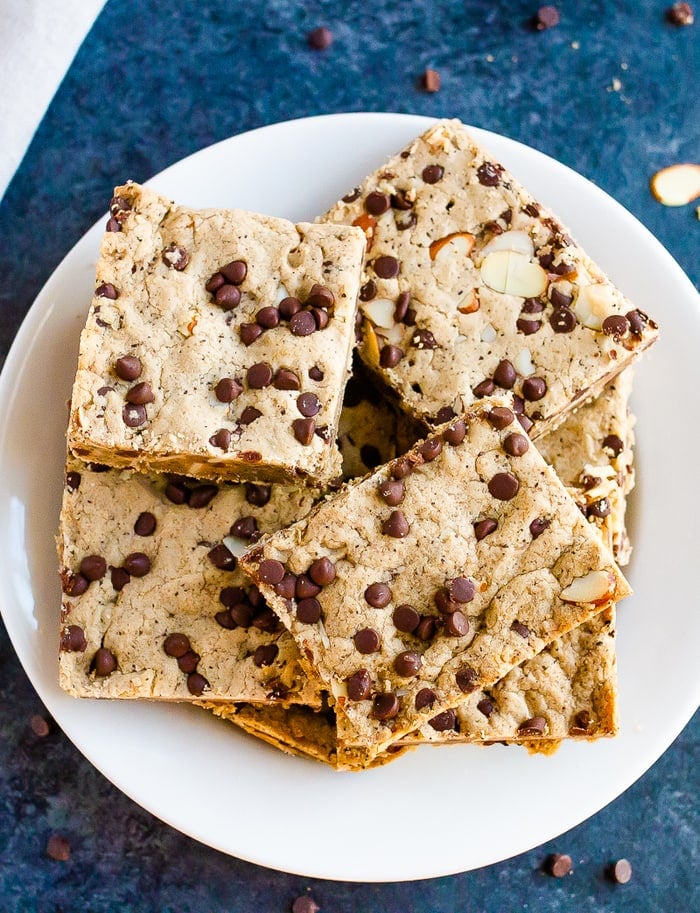 Plate with coffee toffee cookie bars on it.