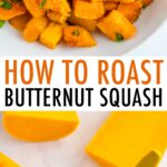 Roasted butternut squash in a bowl, and a squash sliced in half and spoon is scooping out the seeds.