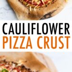 Cauliflower pizza topped with fresh basil.