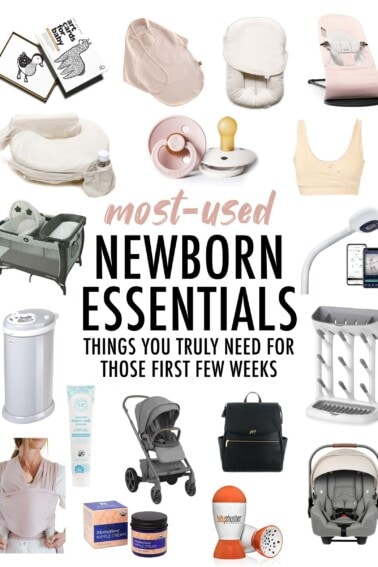 Collage of newborn essential items.
