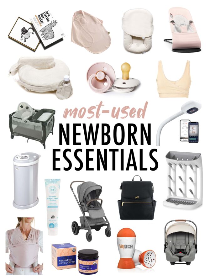 Collage of newborn essential items.