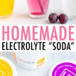 Three glasses of electrolyte soda: lemon lime, grape and orange. A jar with electrolyte powder.