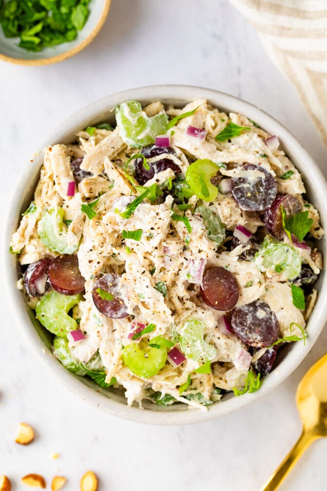 Bowl of chicken salad made with celery and grapes.