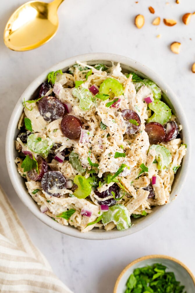 Bowl of chicken salad made with celery and grapes.