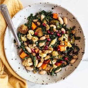 Bowl with roasted vegetable salad with kale and beans.