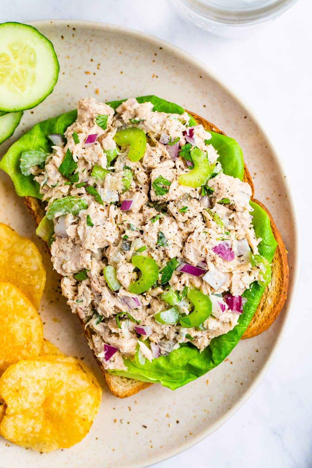 Tuna salad on an open face sandwich with lettuce. On a plate with chips and cucumbers.