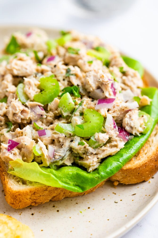 Tuna salad on an open face sandwich with lettuce.