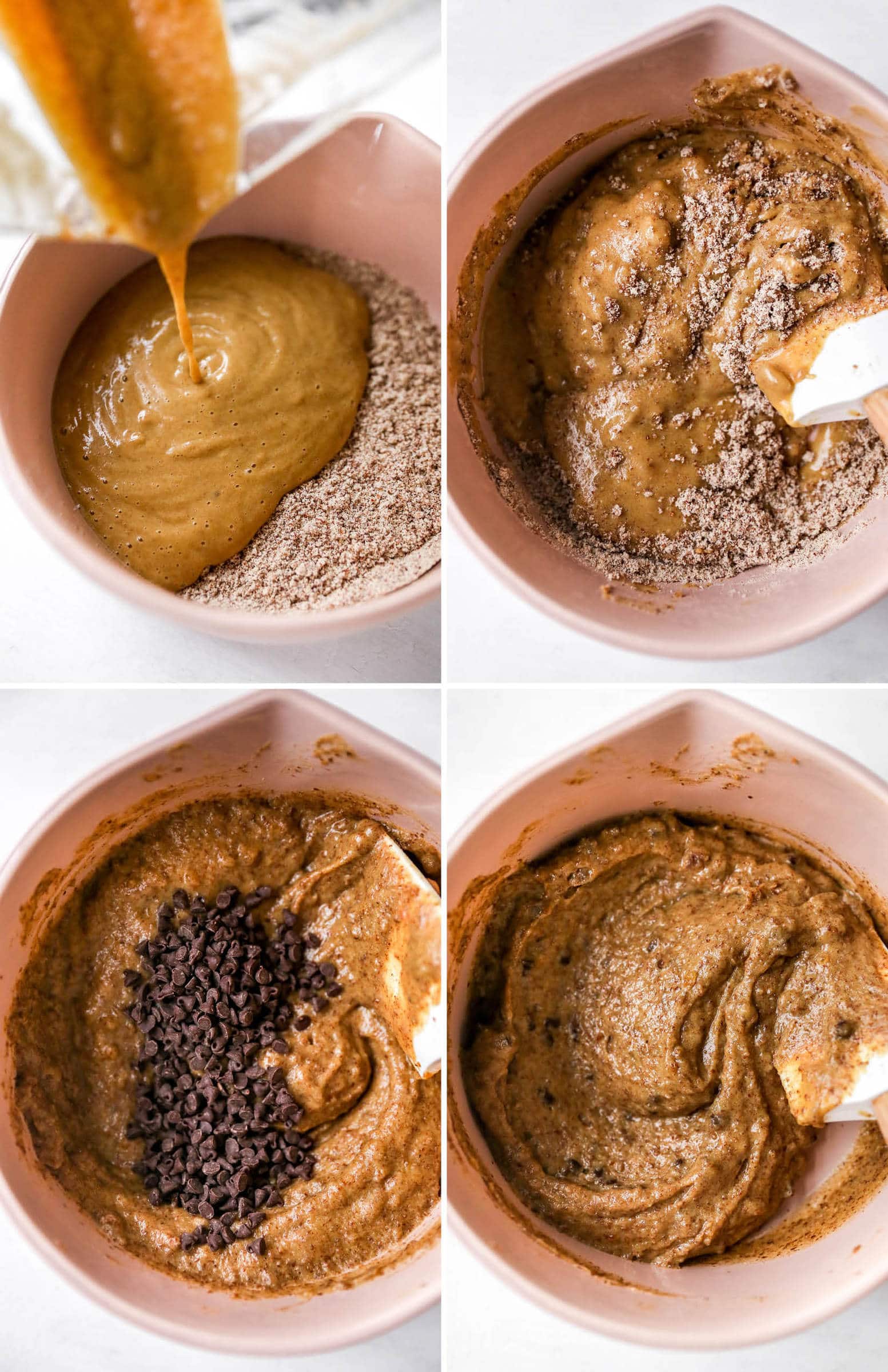 Four photos of a mixing bowl making almond flour chocolate chip batter.