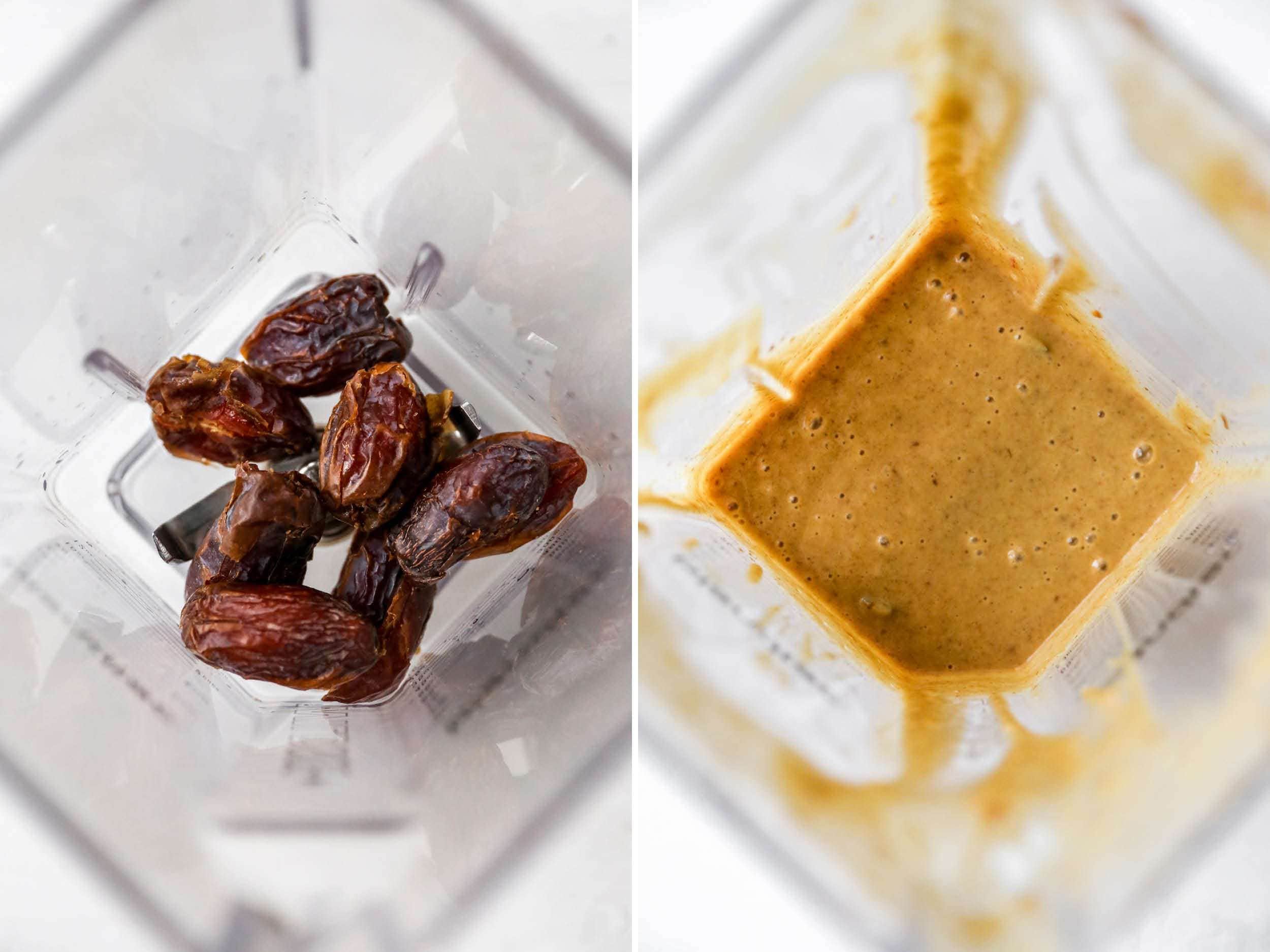 Side by side photo of a blender with dates and then the dates blended with water.