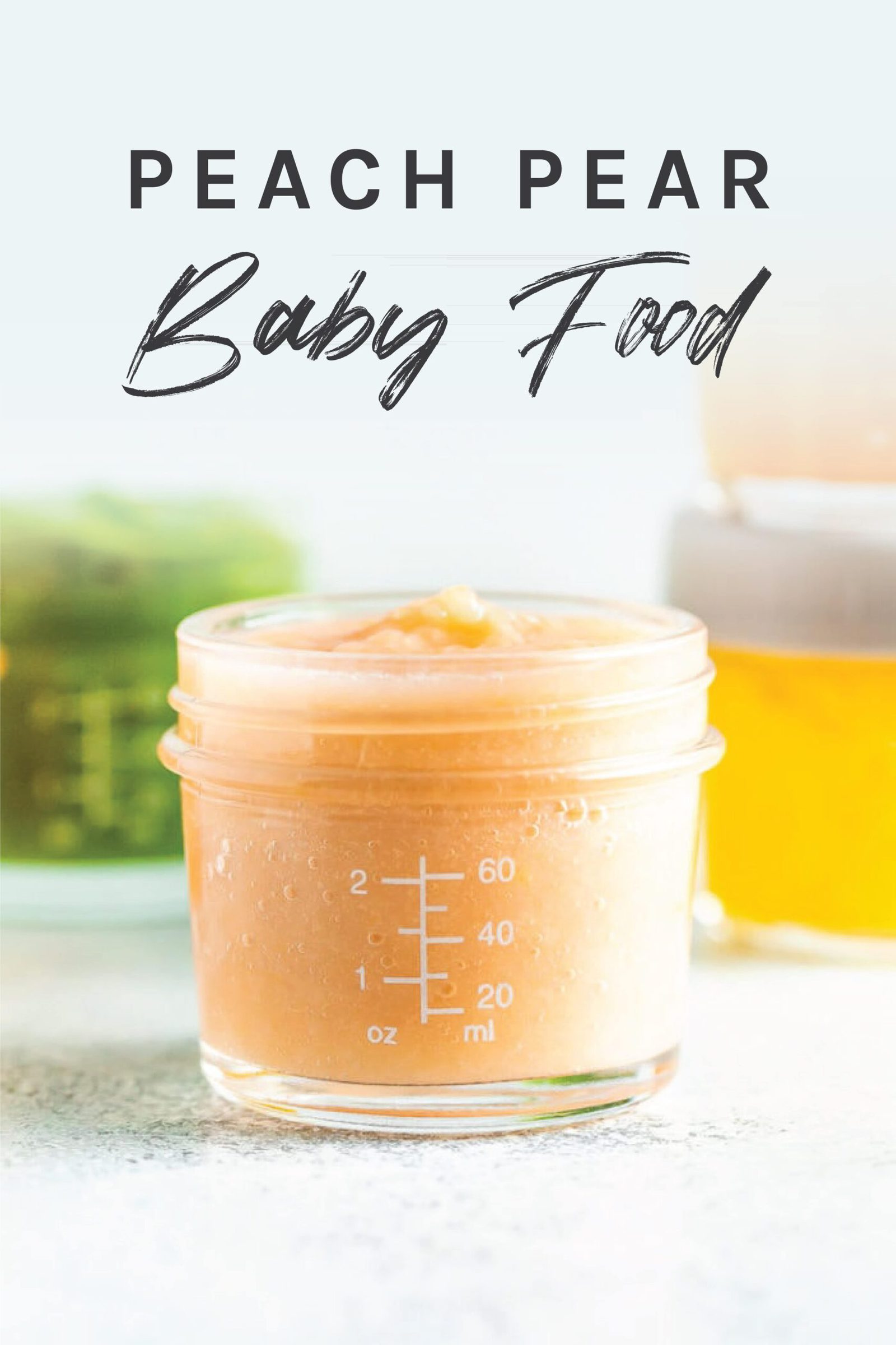 Jar of homemade peach pear baby food.