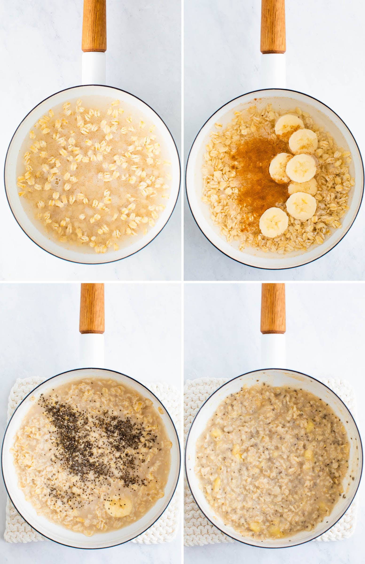 Collage of four photos of the process of making banana chia oatmeal. 1. Pot with water and oats. 2. Added cinnamon and banana. 3. Added chia seeds. 4. Oatmeal is cooked in the pot.