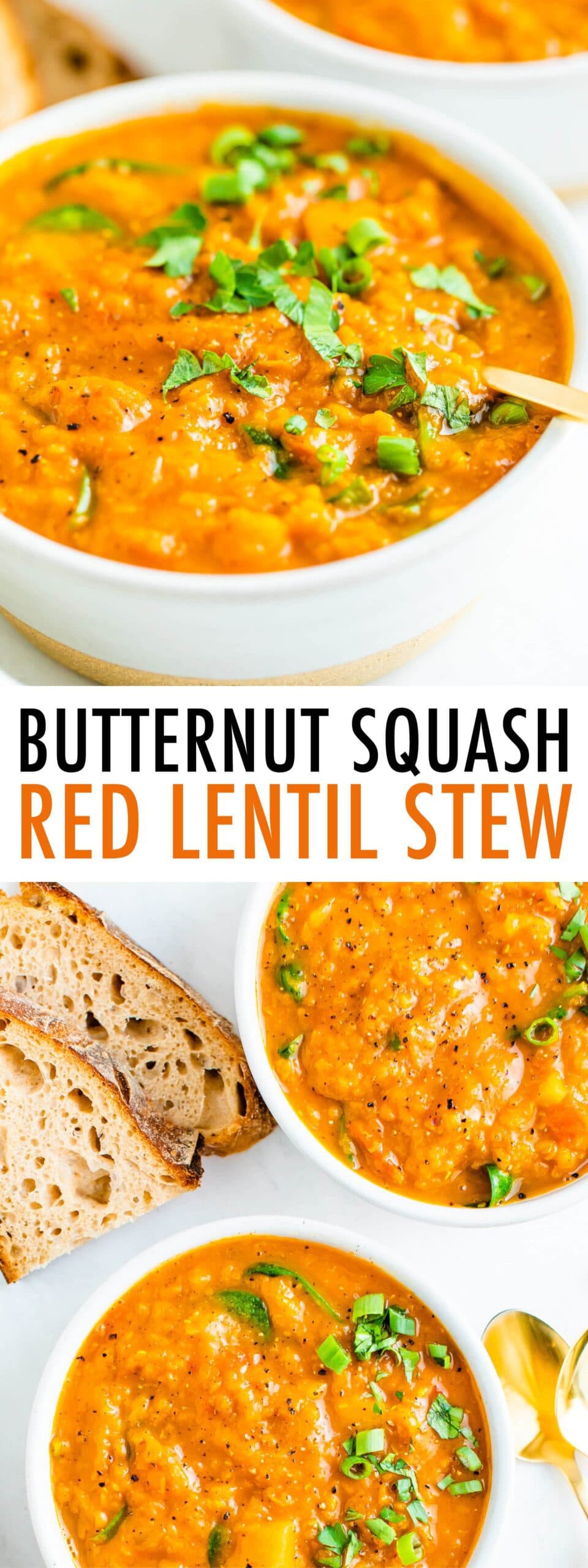 Photos of butternut squash red lentil stew in bowls and topped with parsley. Bread is beside the bowl.