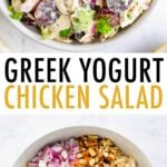 Two photos; One is of chicken salad and the other is of the chicken salad ingredients in a bowl: greek yogurt, mustard, nuts, onion, herbs, chicken, celery and grapes.
