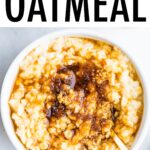Bowl of oatmeal topped with brown sugar and maple syrup.