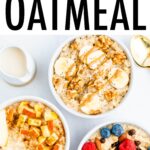 Three bowls of oatmeal with different fruit toppings.