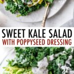 Sweet kale salad plated, and also in a mixing bowl topped with poppyseed dressing.