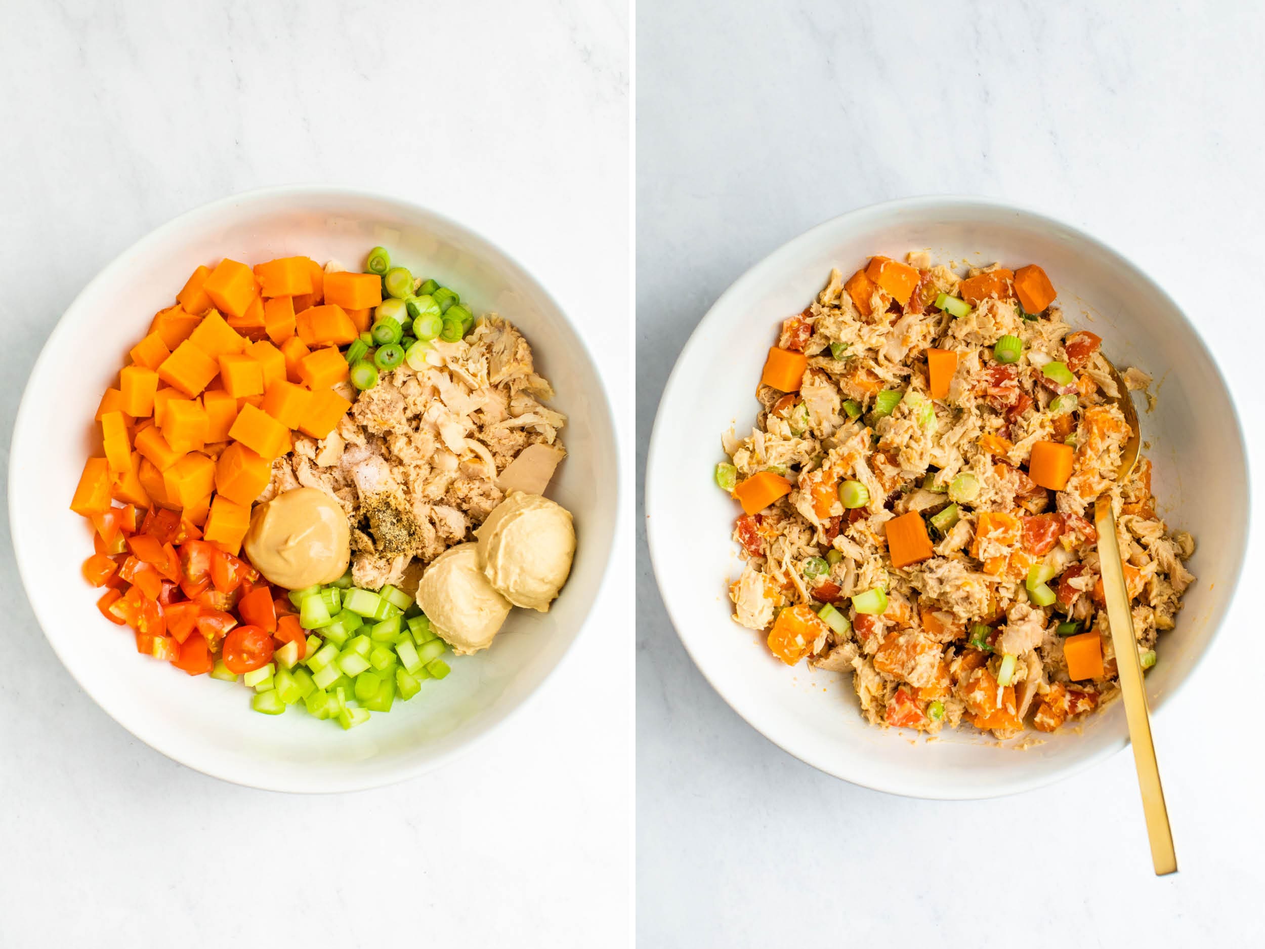 Side by side photos of bowls. One is of ingredients for sweet potato tune salad before being mixed. The second is the mixed tuna salad.