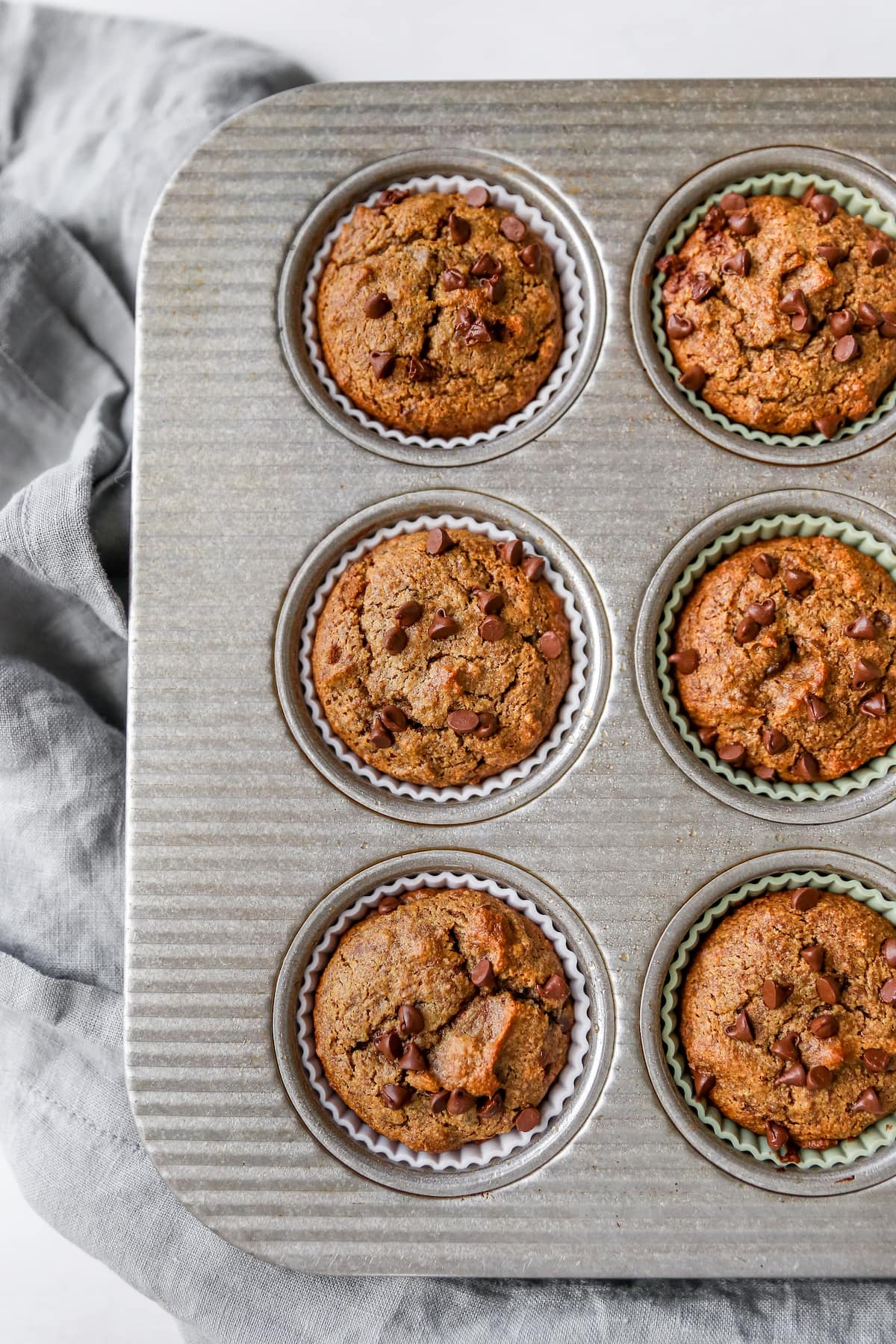 Muffin tin with chocolate chip muffins.