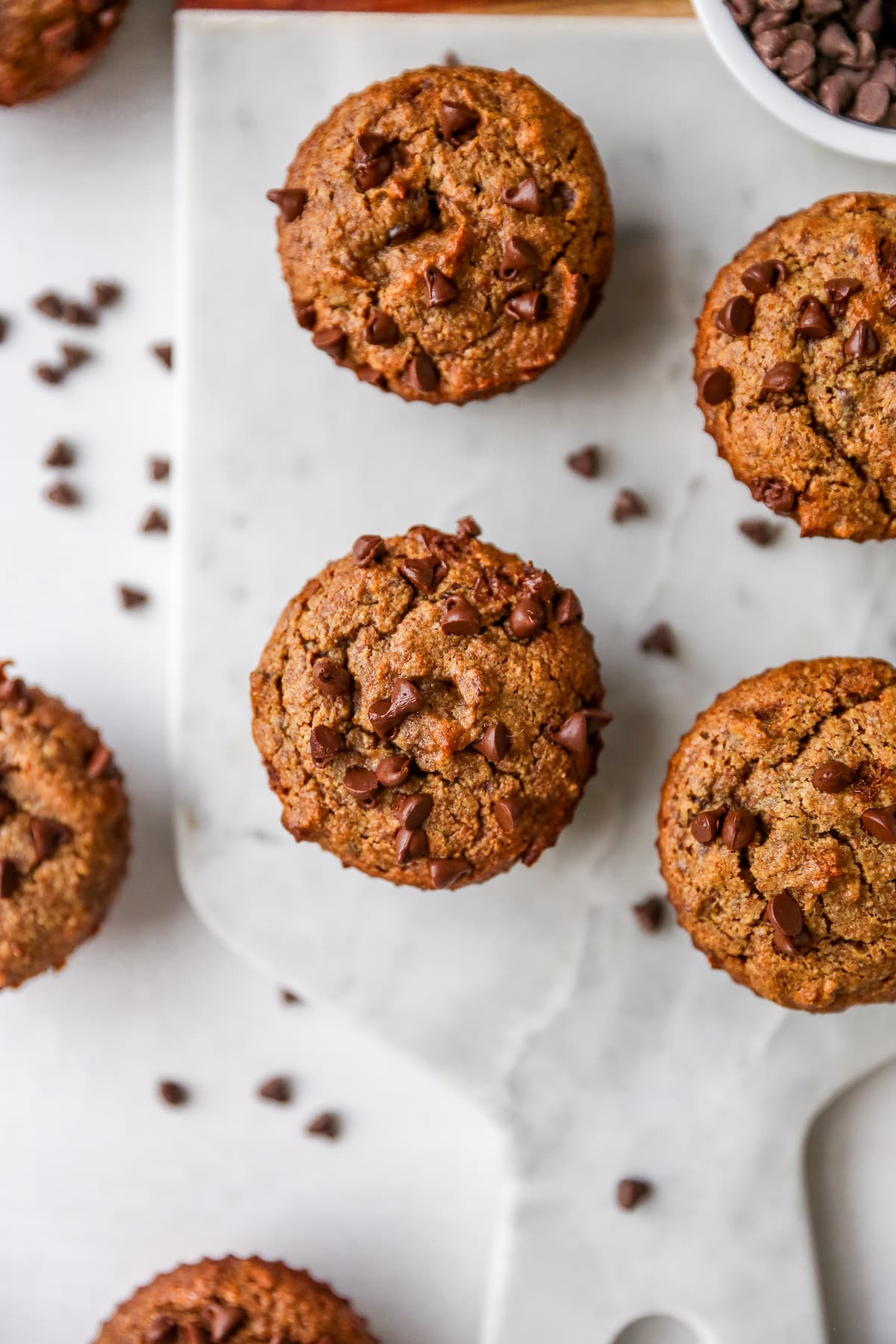 Bird's eye photo of chocolate chip almond flour muffins.