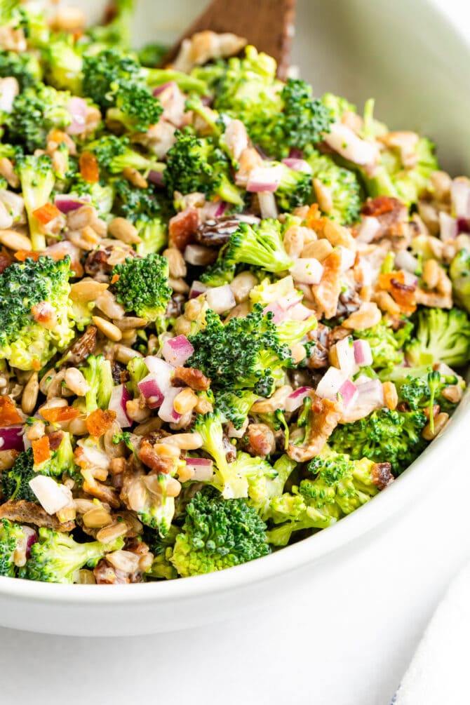 Bowl of classic broccoli salad.