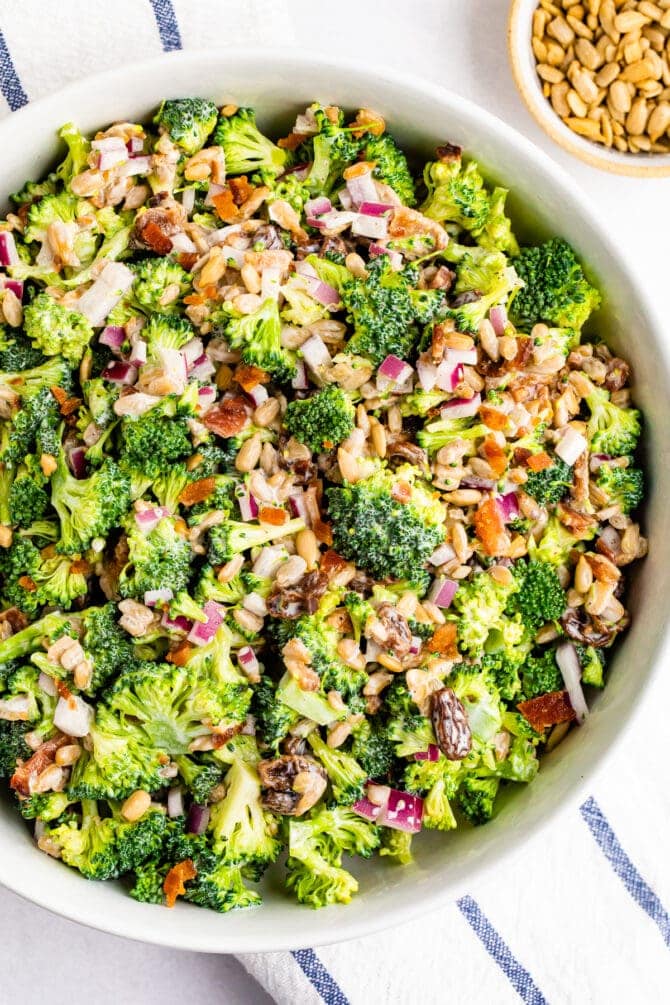 Bowl of broccoli salad.