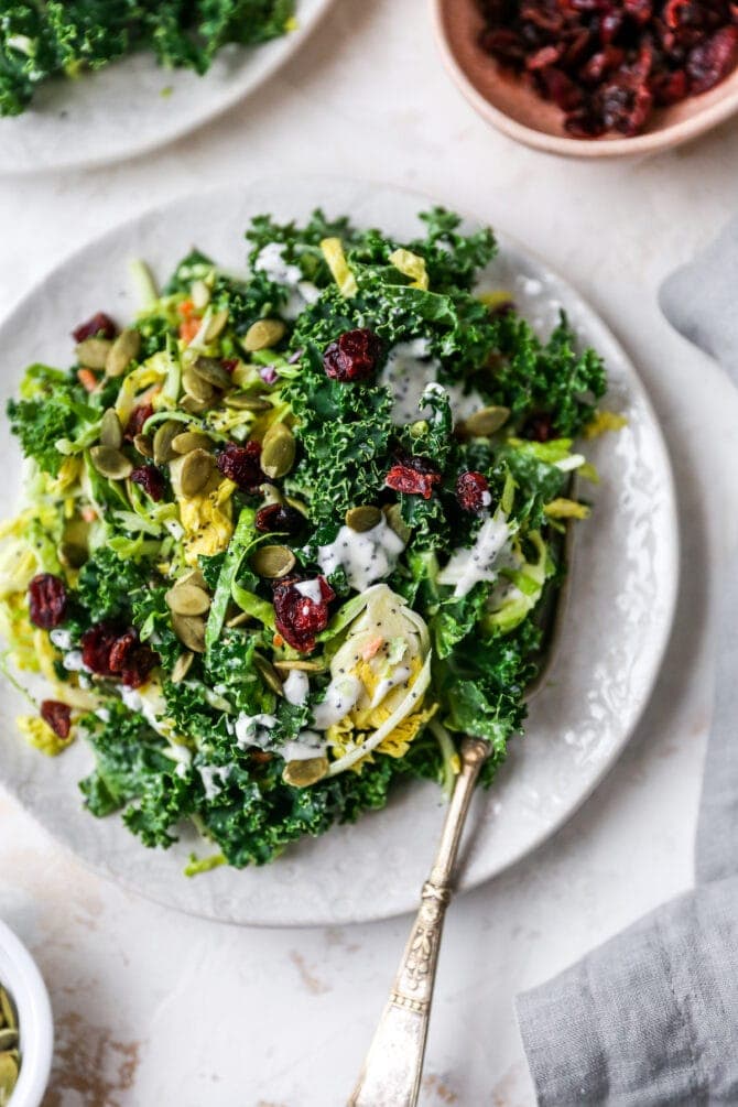 Plate and fork with sweet kale salad topped with poppyseed dressing, cranberries and pepitas.