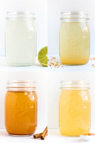 Four jars of different apple cider vinegar drinks.
