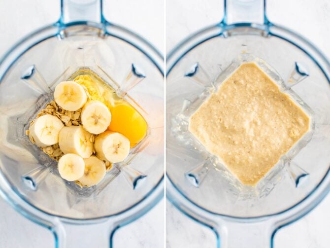 Side by side photos of a blender with ingredients to make banana pancakes before and after being blended.