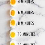 Five halves of hard boiled eggs with labels of how long the egg has been cooked for, from 4 minutes - 12 minutes.