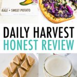 Collage photos of Daily Harvest packaging and the prepared food (milk, veggie bowl, ice cream, smoothie and flatbread).