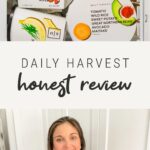 Photo of Daily Harvest packages in a freezer, and a photo of a woman sitting on her counter while holding a Daily Harvest smoothie and smiling.