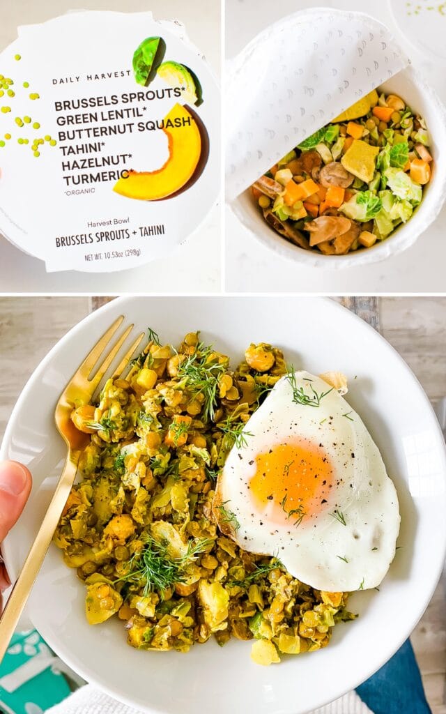 Collage of three photos. The top two photos are of a Daily Harvest container for a brussels and lentil and squash bowl. There is a photo of the lid of the container and a photo of the container opened with the frozen veggies inside. The bottom photo is of a hand holing a bowl of the cooked veggies topped with dill and a fried egg.