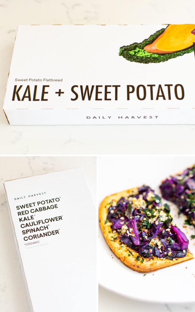 Photos of a box for Daily Harvest kale + sweet potato flat bread, along with a photo of the flatbread on a plate.