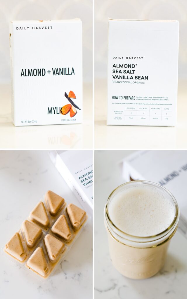 Collage of imaged for Daily Harvest Almond Vanilla Mylk. Photos include a box of the mylk with ingredients, ice cubes of the milk, and a mason jar or the finished mylk.