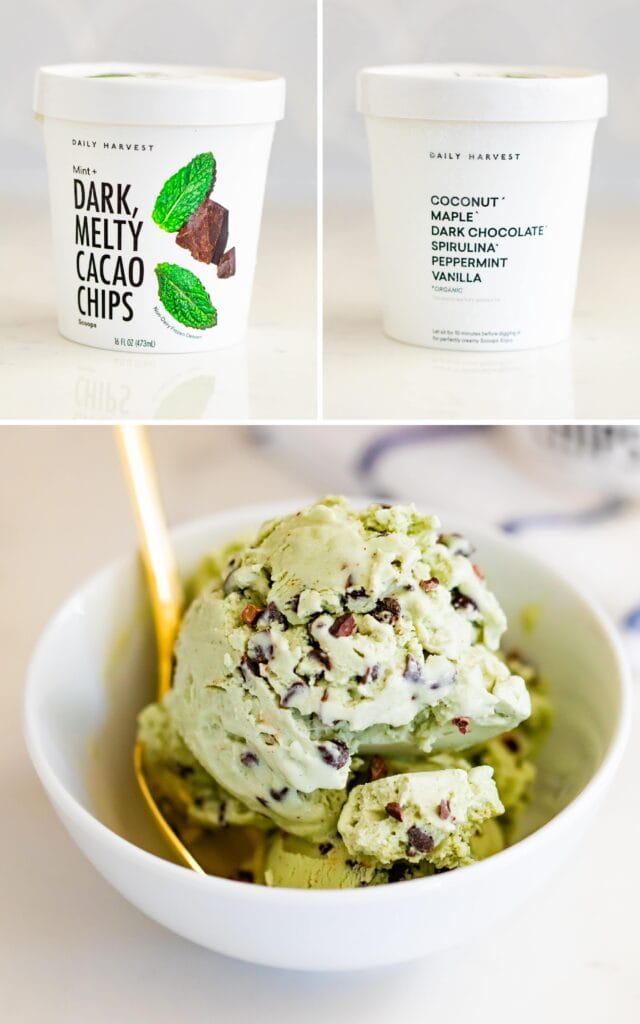 Two photos of a Daily Harvest ice cream container. The flavor is mint chocolate chip. The bottom photo is of the mint chip ice cream in a bowl.