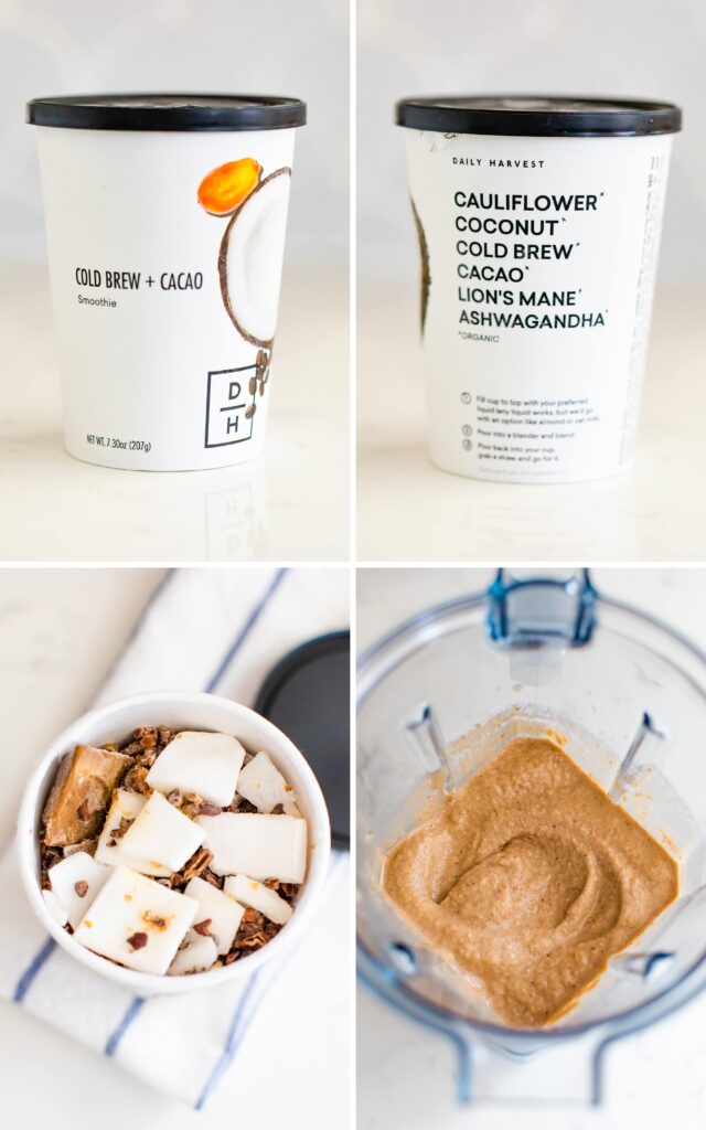 Four photos: two is of a container for Daily Harvest's cold brew + cacao smoothie. There is another photo of the container opened and coconut ice cubes and ingredients in the container. The last photo is of the creamy cold brew smoothie in a blender.