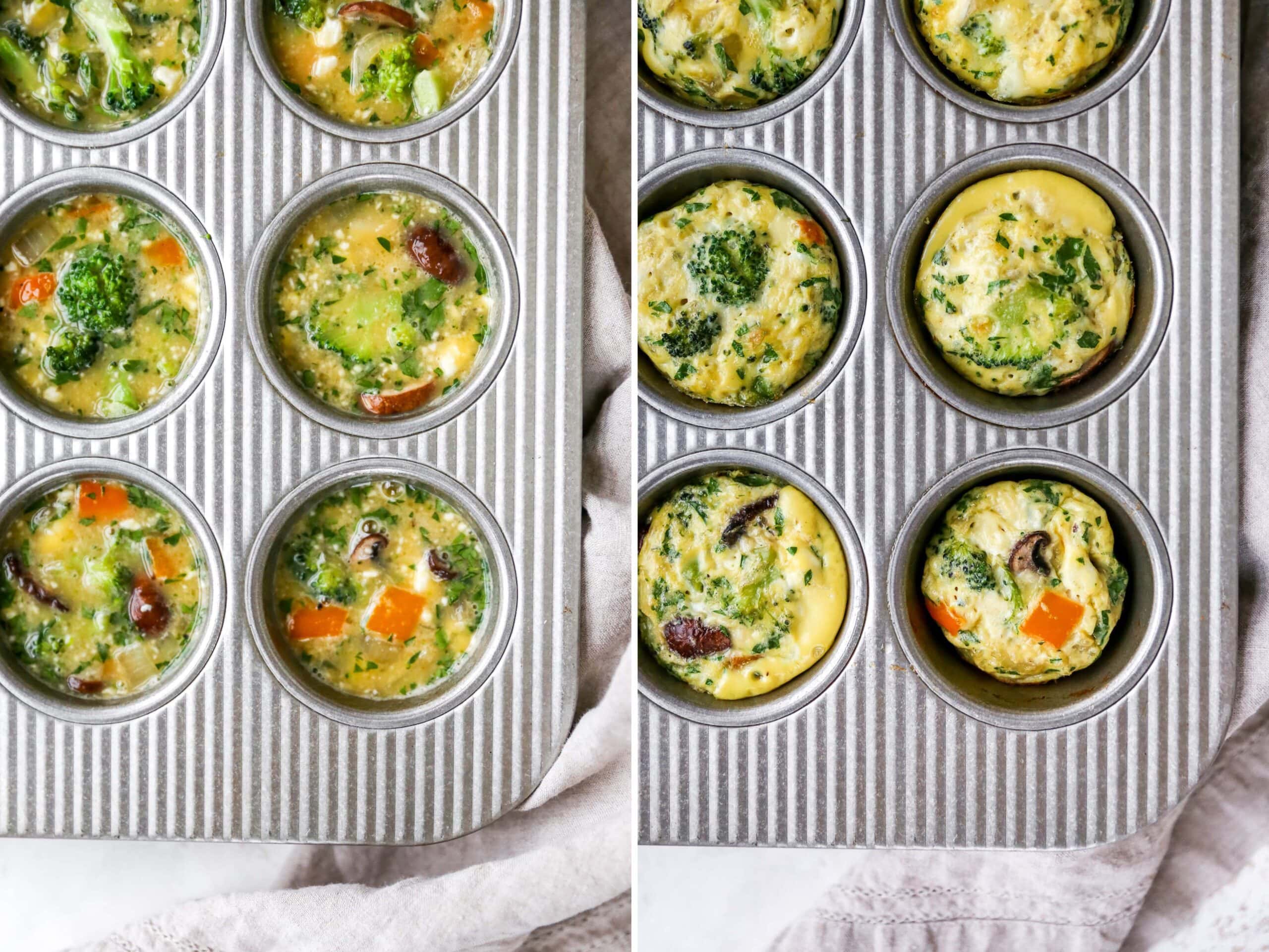 Side by side photos. Egg and veggie mixture in a muffin tin before and after being baked.