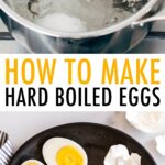 Pot of hard boiled eggs and a plate with peeled and sliced hard boiled eggs.